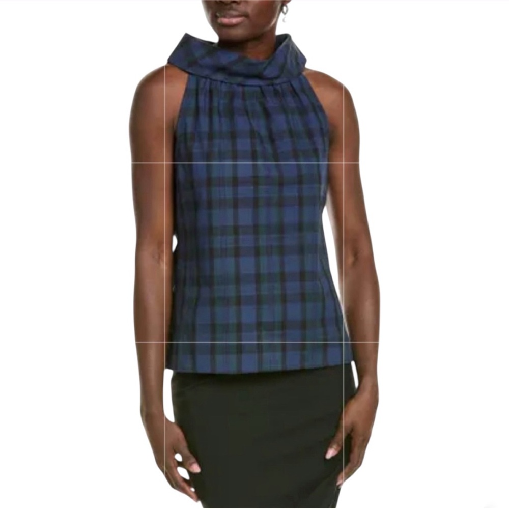 Sail to Sable Blackwatch Plaid Sleeveless Mockneck Blouse Blue & Black
